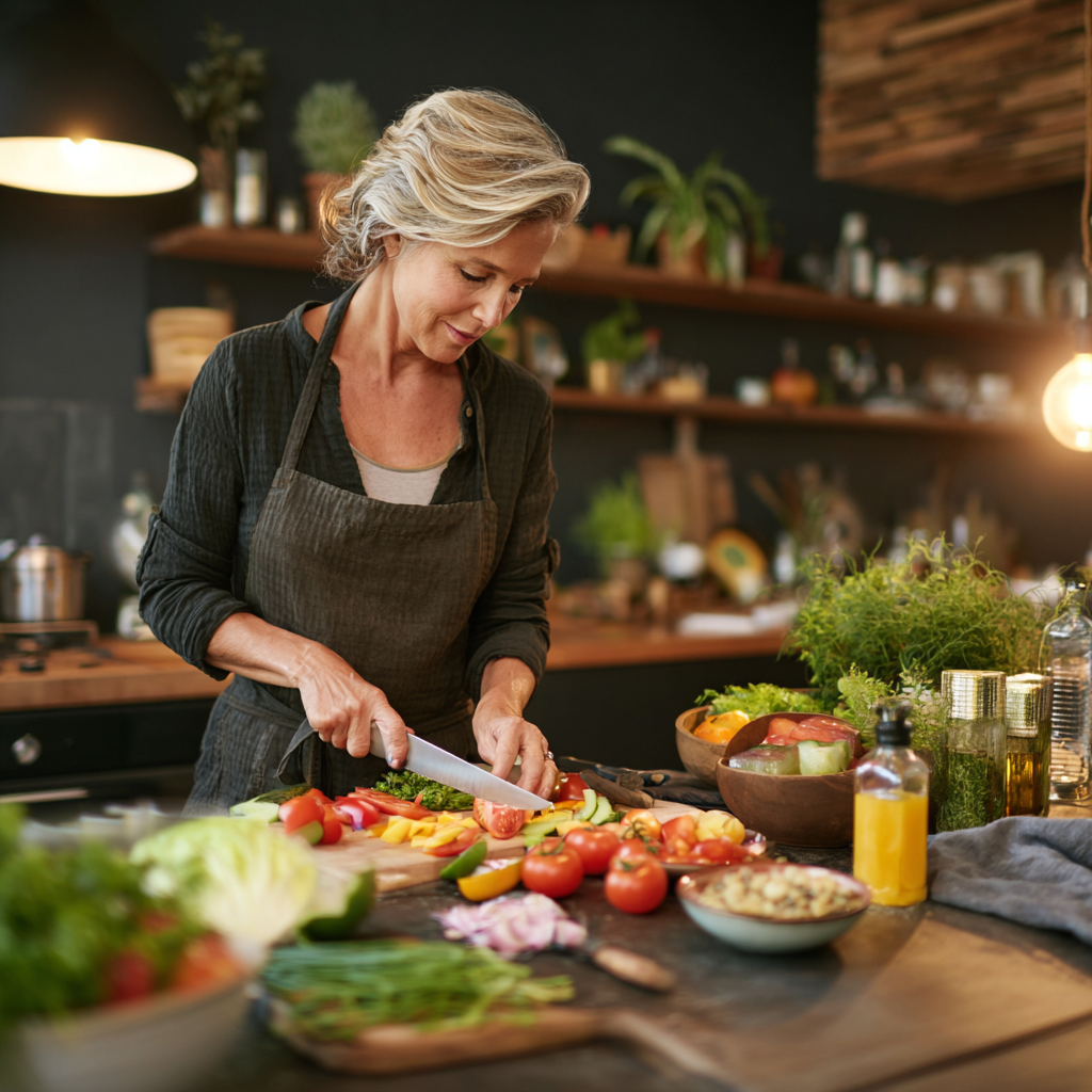 mature woman preparing healthy meal in modern kitchen
